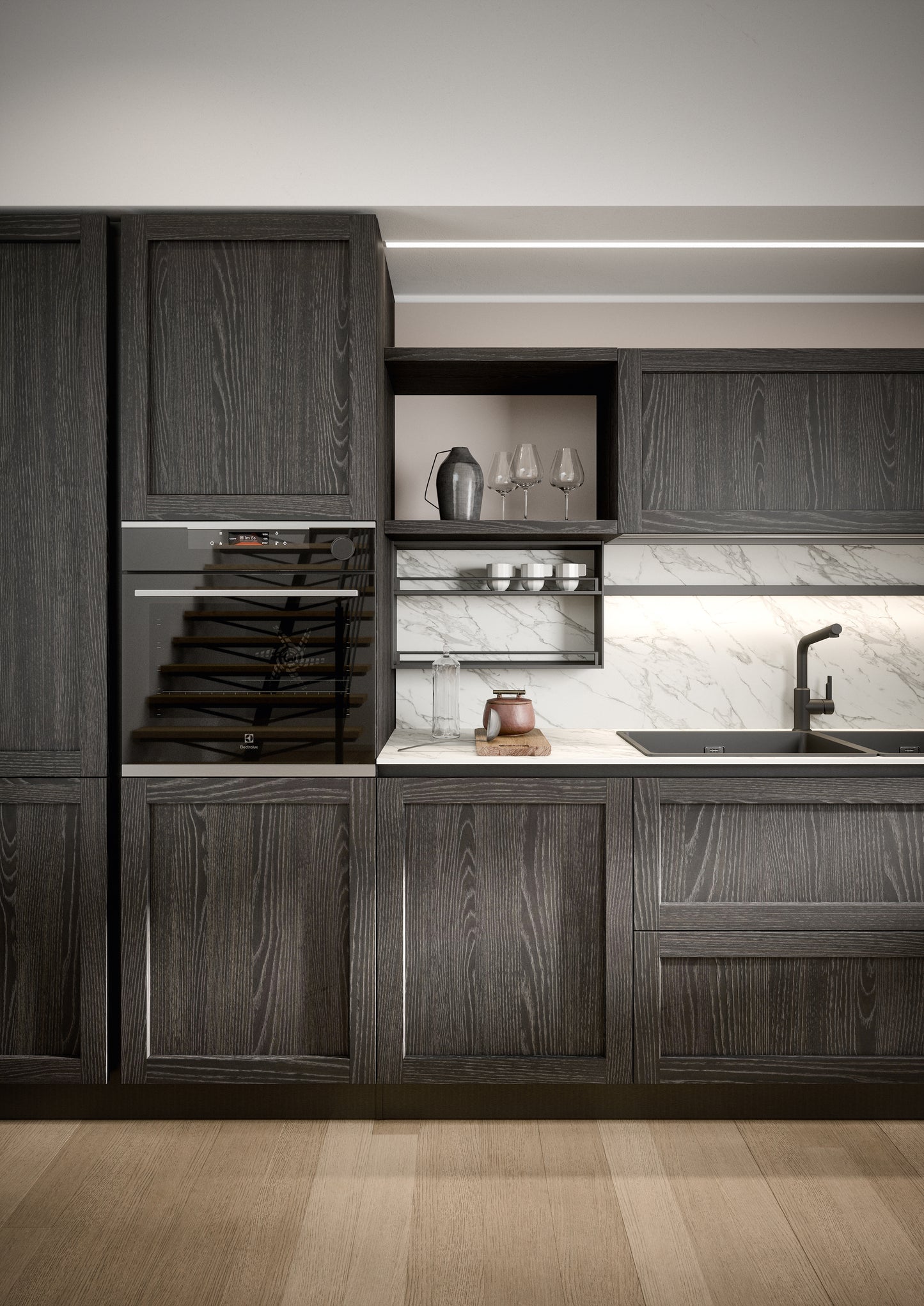 CLIO 04 - Cucina lineare contemporanea con finiture rovere