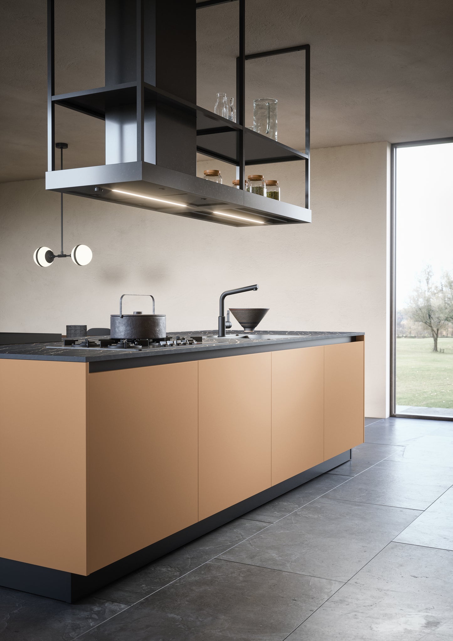 LUCE 03 - Cucina con isola laccata color pesca